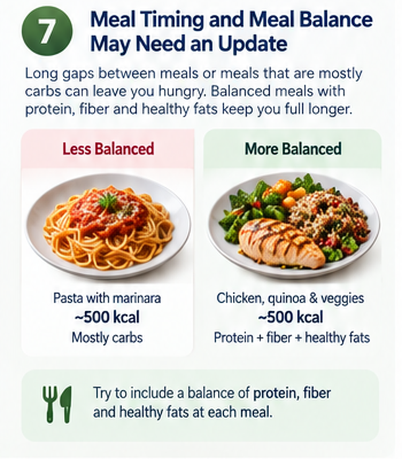 Meal timing and meal balance can affect how your routine feels Comparison of a mostly carbohydrate meal with a more balanced meal