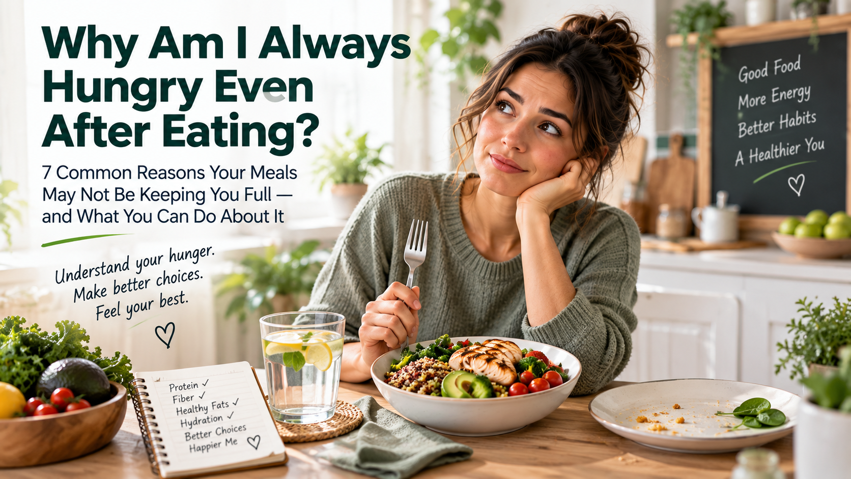 Why you may still feel hungry after eating Woman looking at a balanced meal and wondering why she still feels hungry
